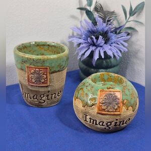 2 Stoneware Drip Glaze Candle Holders 'Imagine' w/Flower Plaques